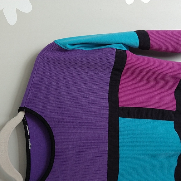 Vintage 80's Retro Purple, Pink, & Turquoise With Black Trim Color-Block Sweater - Picture 3 of 8